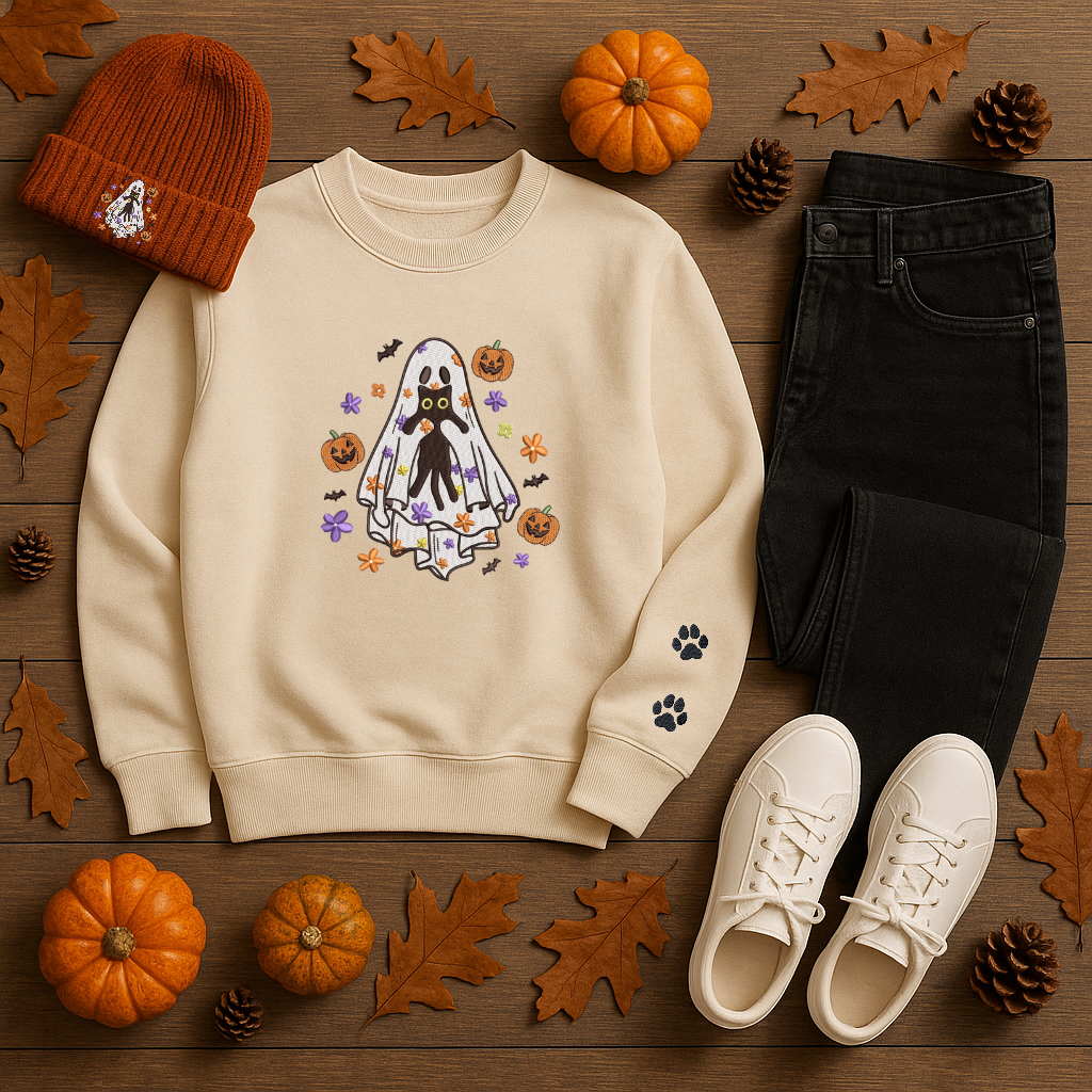 Embroidered Ghost Cat Halloween Sweatshirt | Cozy Fall Crewneck | Pumpkin & Bat Embroidery
