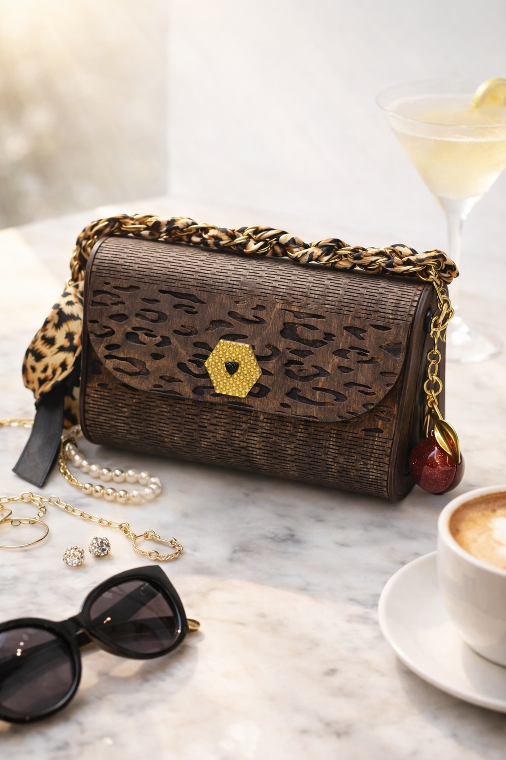 Leopard Print Wooden Clutch Purse – Handmade Wood Handbag with Gold Accent & Chain Strap