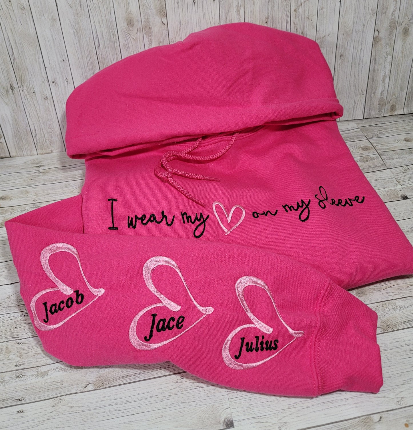 Custom "I Wear My Heart on My Sleeve" Hoodie – Personalized Names Embroidered Sweatshirt