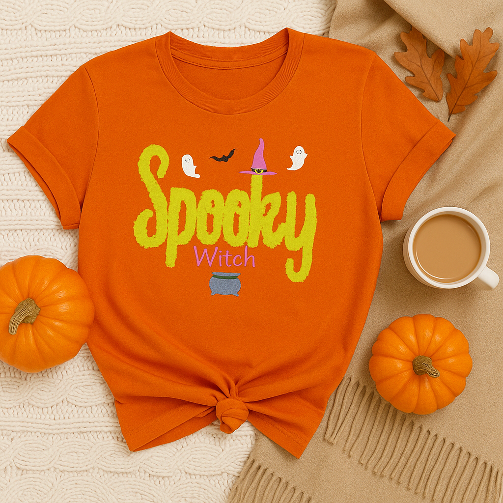 Spooky Witch Halloween T-Shirt – Cute Ghost & Witch Hat Graphic Tee – Fall Pumpkin Season Shirt for Women
