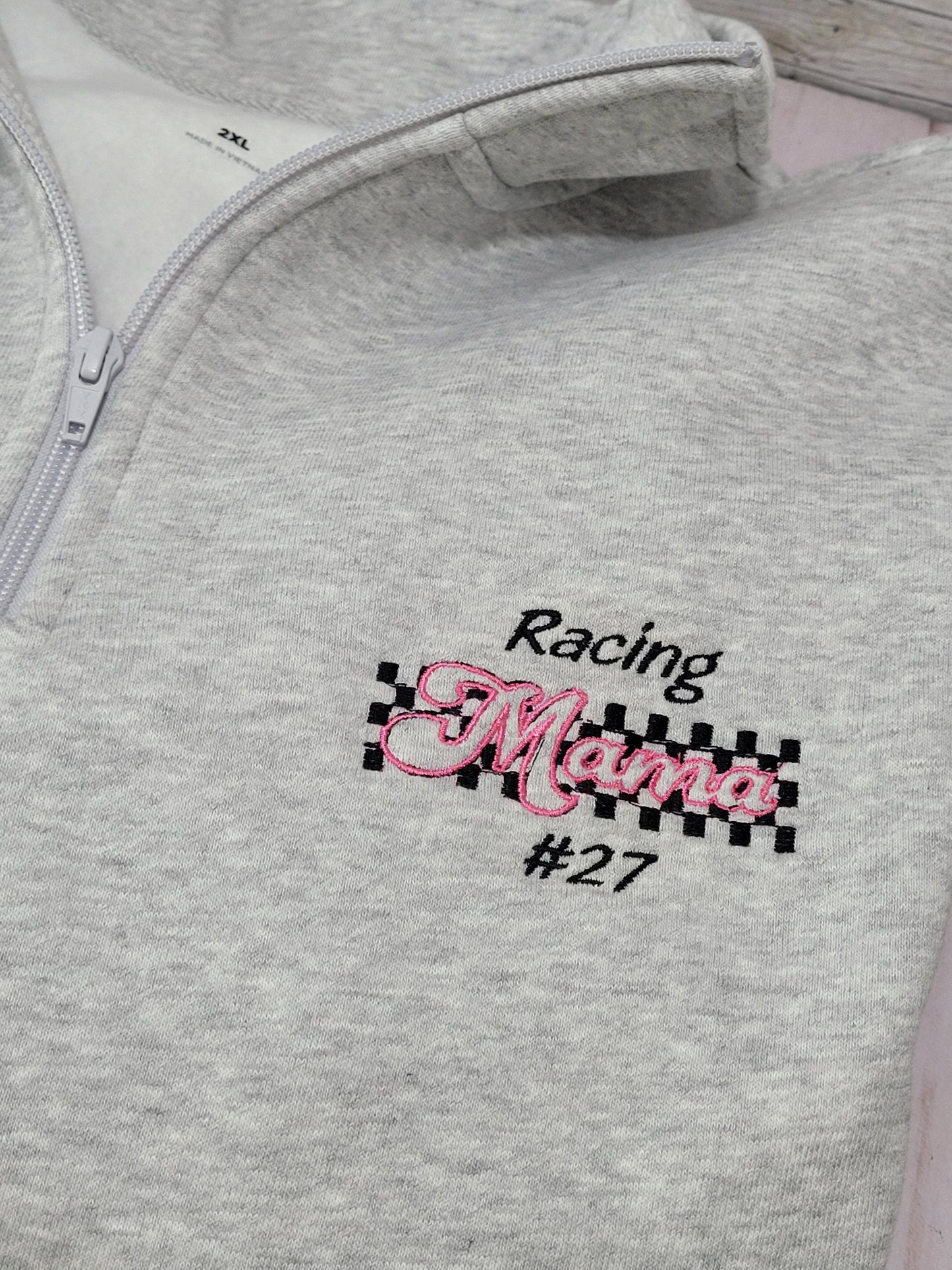 Personalized Racing Mama Quarter-Zip Sweater with Checkered Bow Sleeves