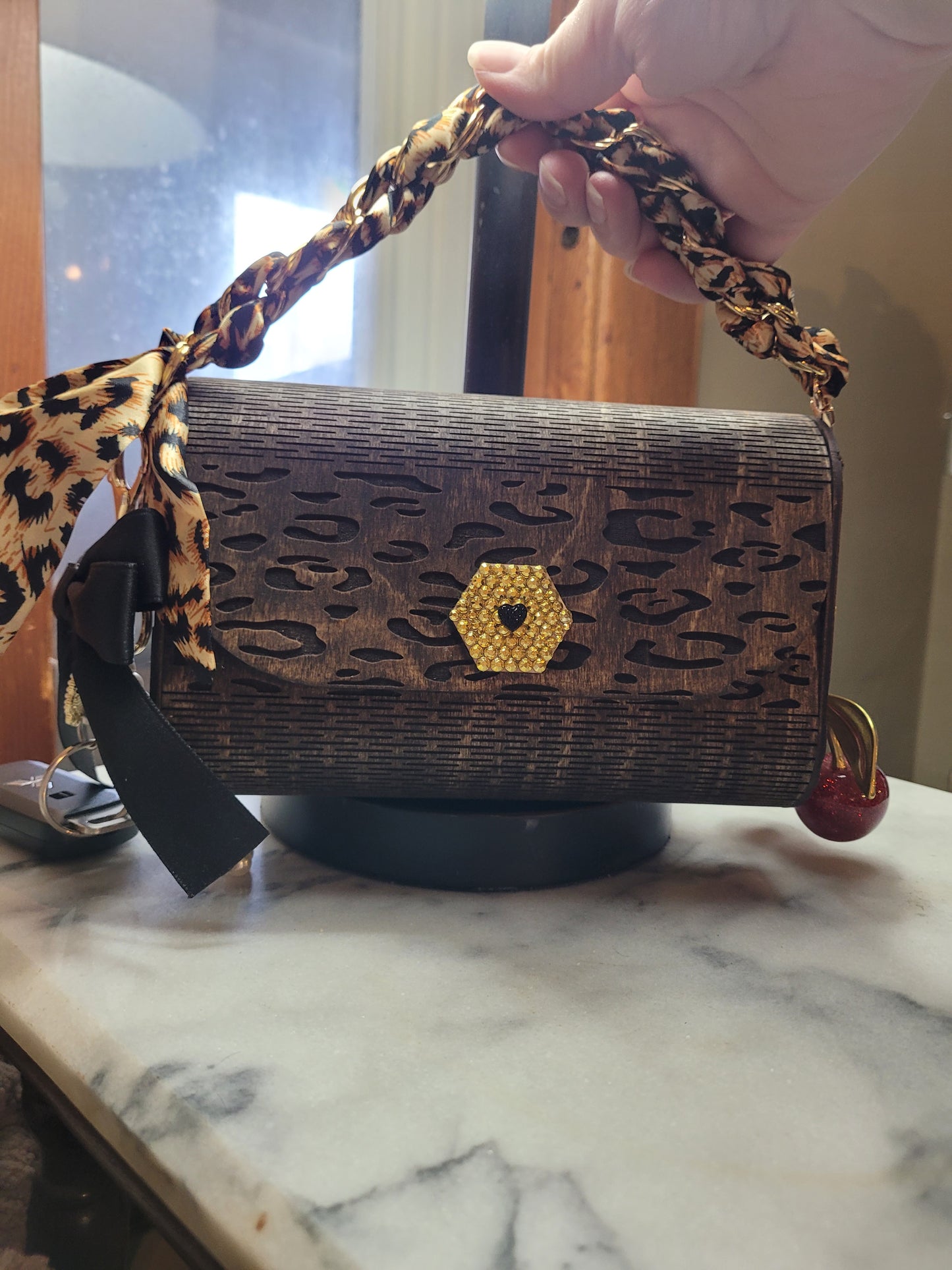 Leopard Print Wooden Clutch Purse – Handmade Wood Handbag with Gold Accent & Chain Strap