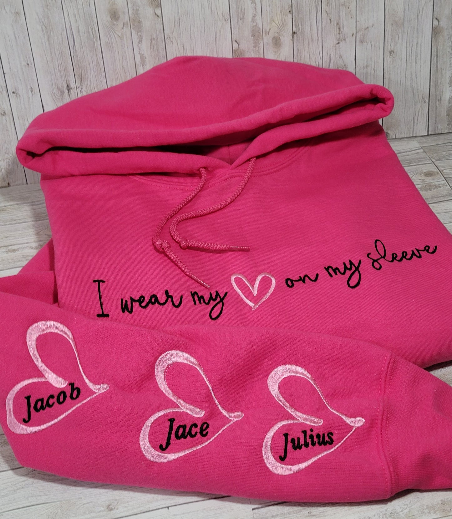 Custom "I Wear My Heart on My Sleeve" Hoodie – Personalized Names Embroidered Sweatshirt