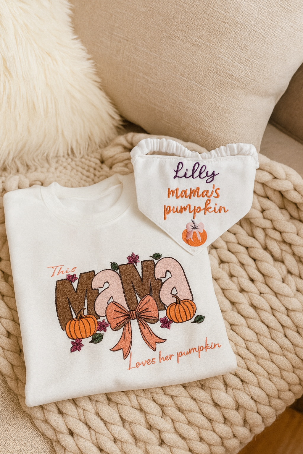 Mama’s Pumpkin Matching Fall Set | Embroidered Sweatshirt + Personalized Dog Bandana | Mommy & Me + Pet Outfit for Pumpkin Patch & Fall Photos