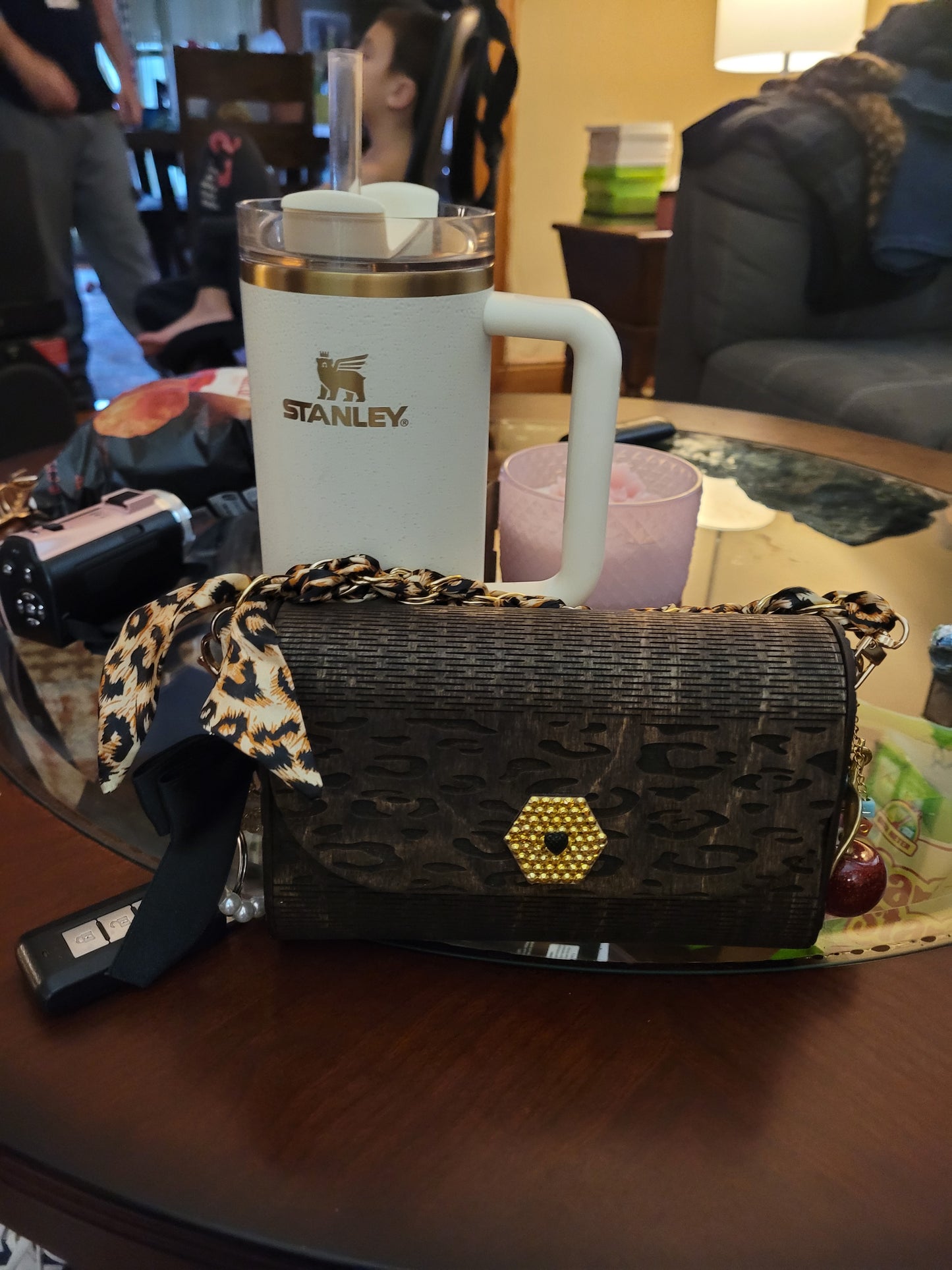 Leopard Print Wooden Clutch Purse – Handmade Wood Handbag with Gold Accent & Chain Strap