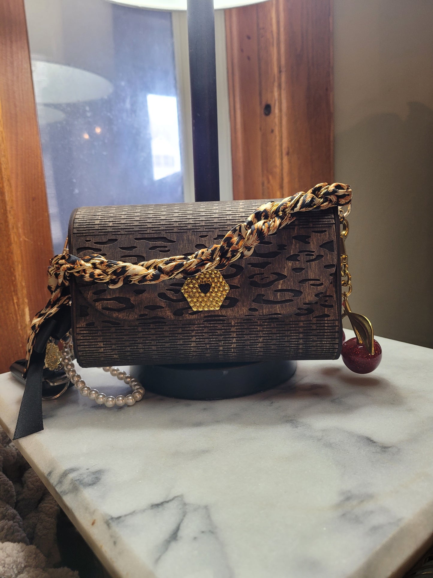 Leopard Print Wooden Clutch Purse – Handmade Wood Handbag with Gold Accent & Chain Strap