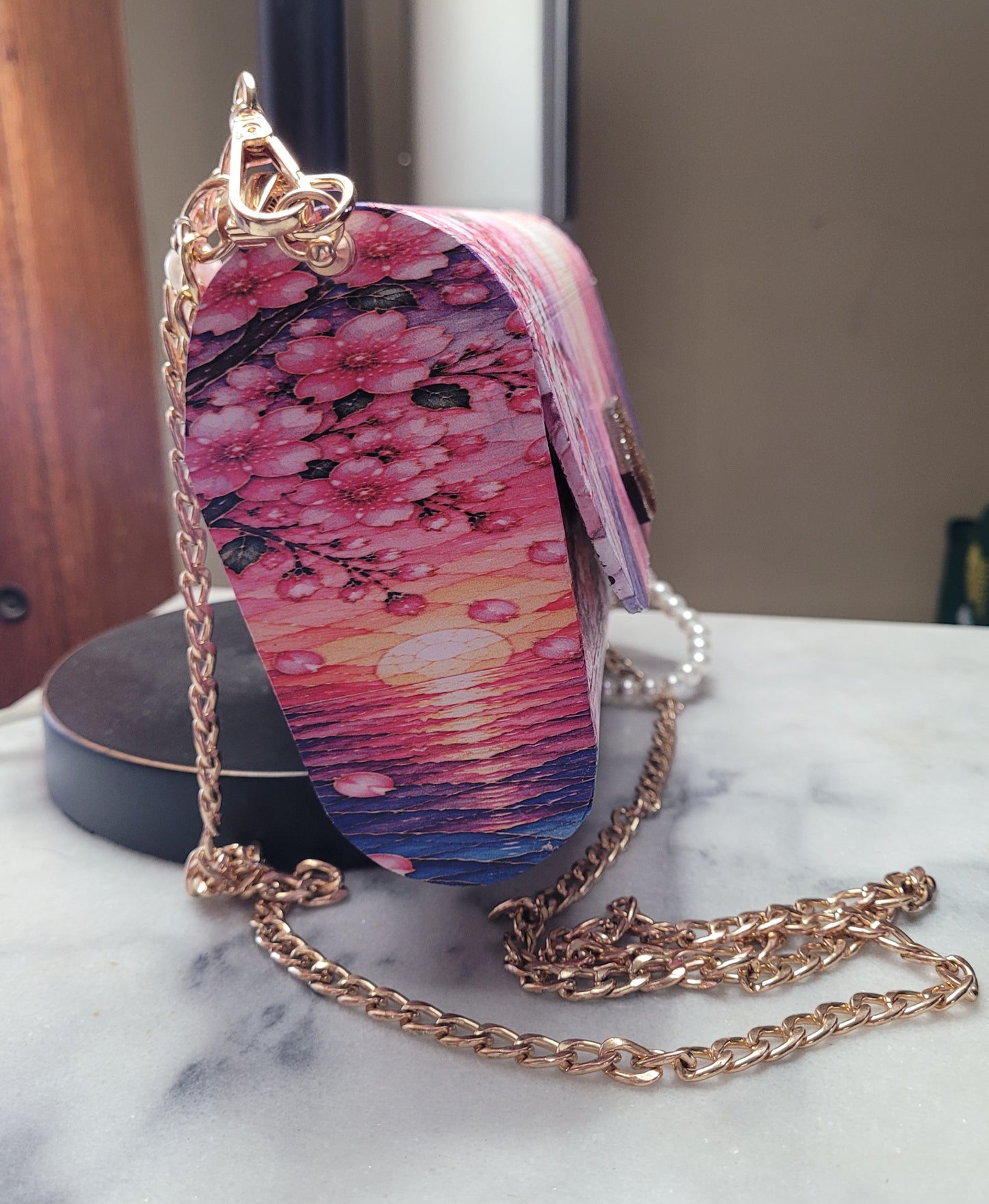 Cherry Blossom Boutique Wooden Crossbody Purse | Handmade Statement Bag | Gold Chain & Pearl Handle