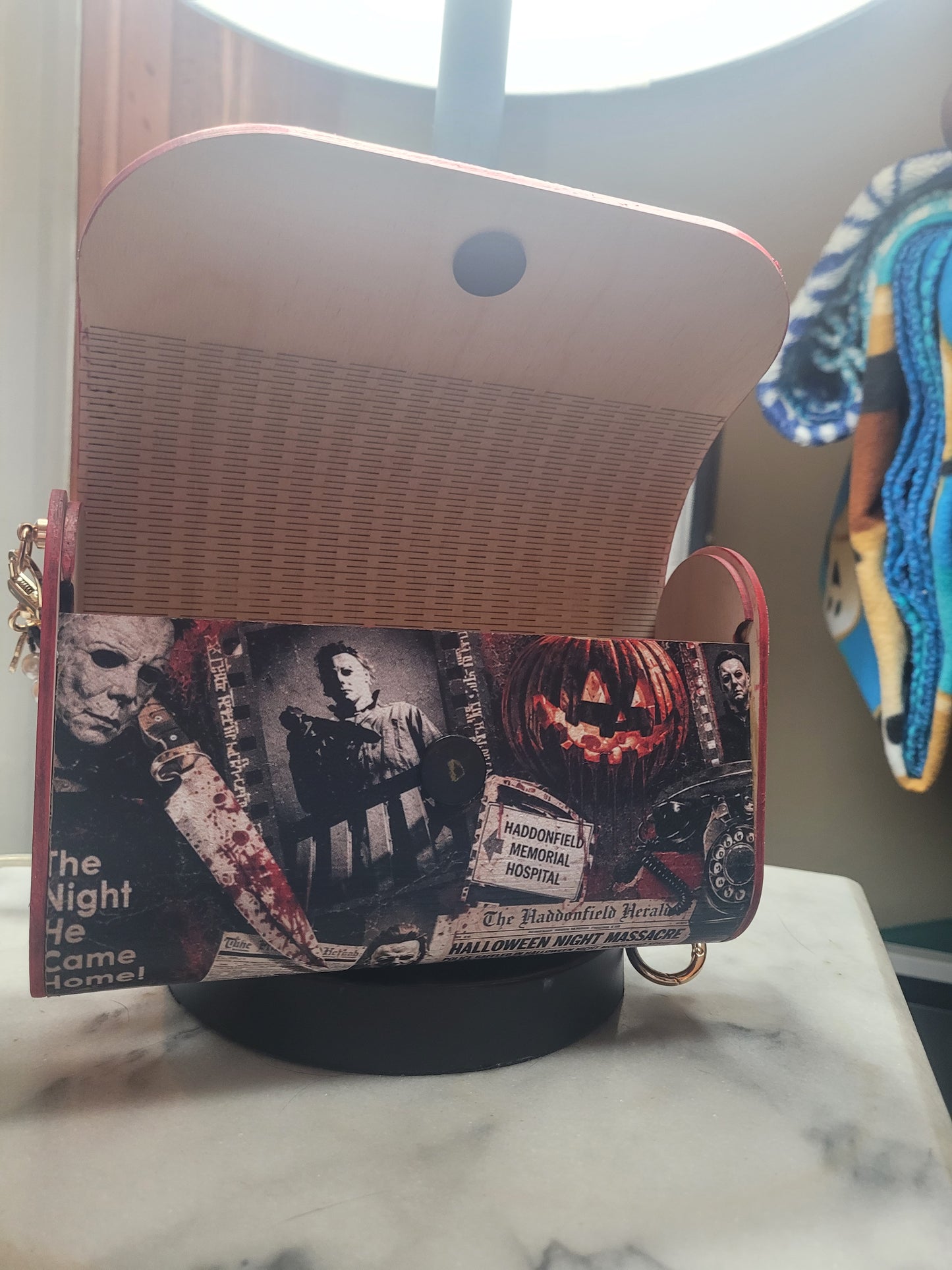 Vintage Horror Collage Wooden Purse | Handmade Spooky Statement Bag | Gothic Halloween Handbag
