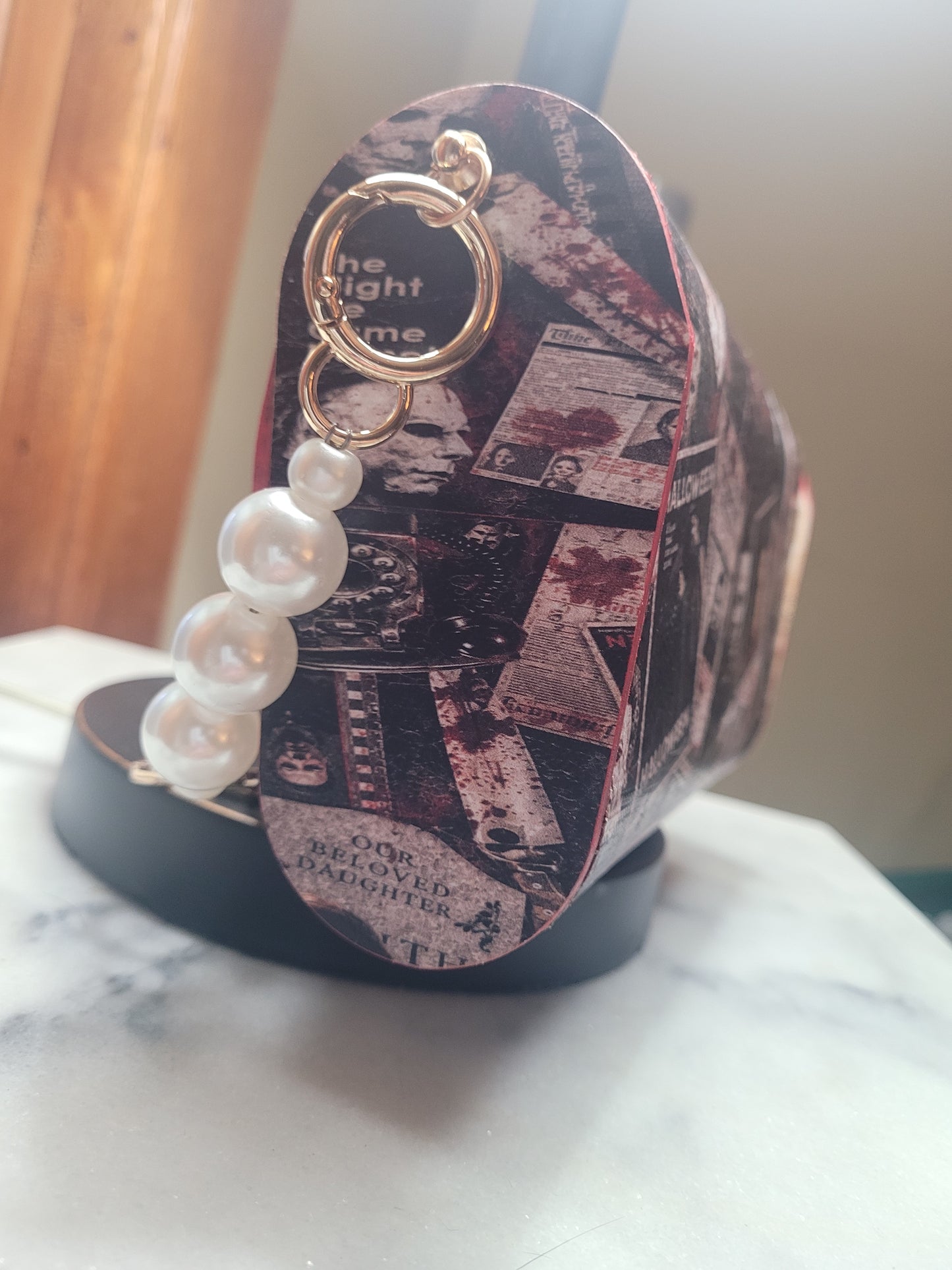 Vintage Horror Collage Wooden Purse | Handmade Spooky Statement Bag | Gothic Halloween Handbag