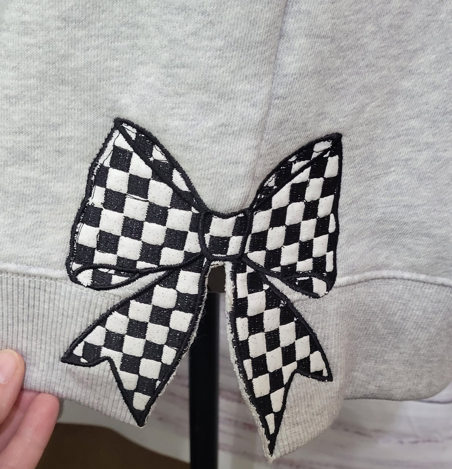 Personalized Racing Mama Quarter-Zip Sweater with Checkered Bow Sleeves
