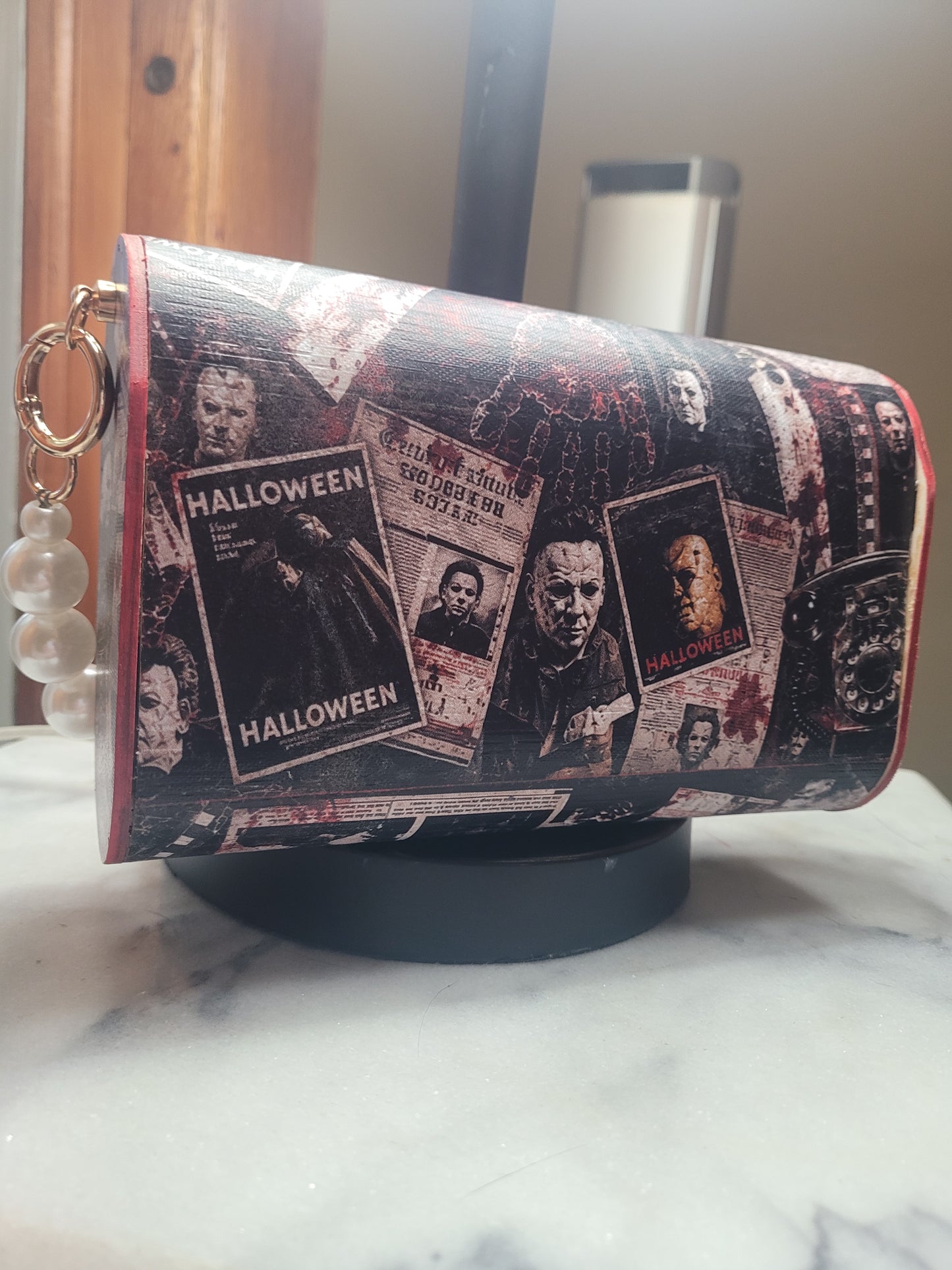 Vintage Horror Collage Wooden Purse | Handmade Spooky Statement Bag | Gothic Halloween Handbag