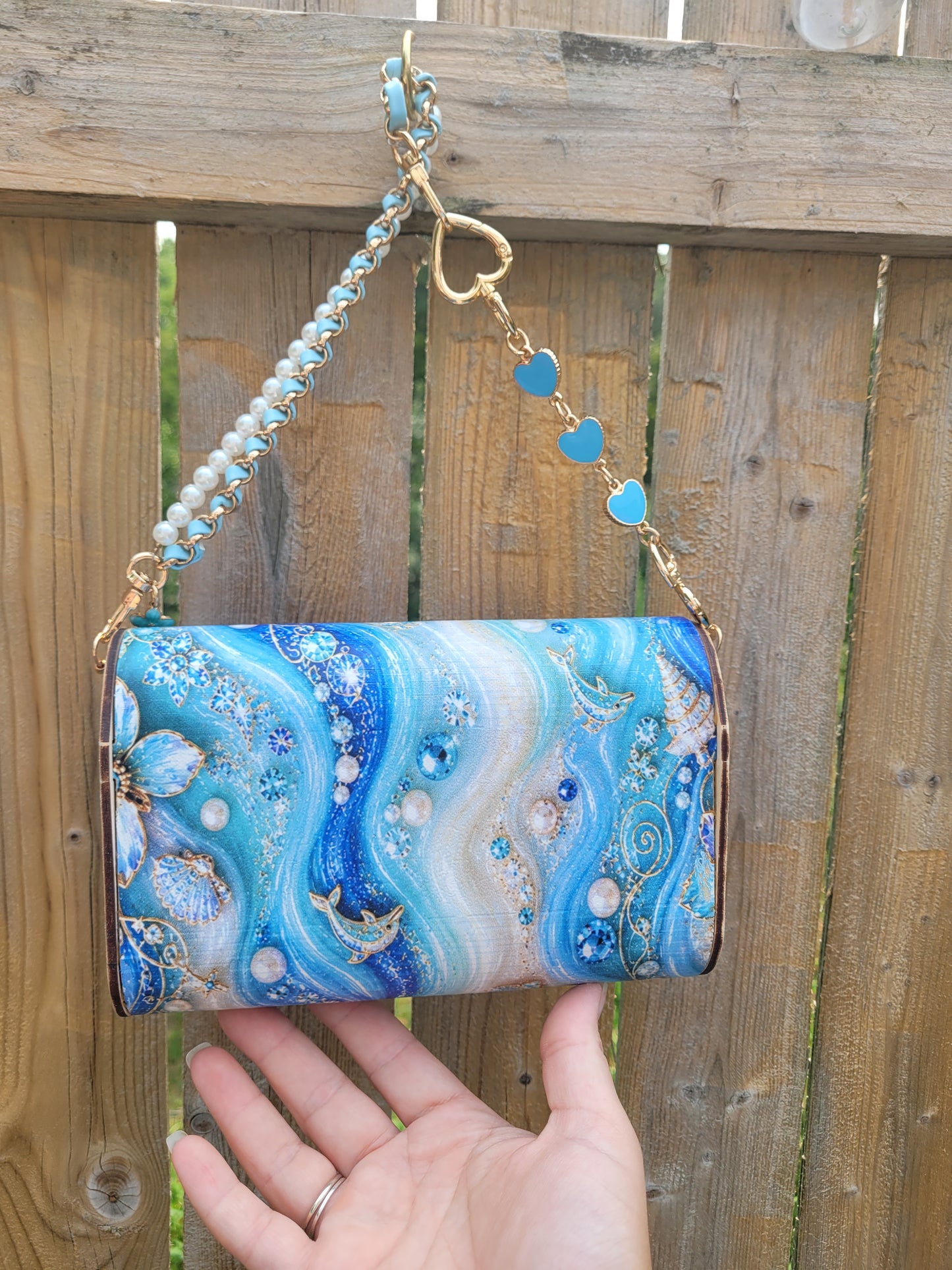 🌊 Ocean Pearl Dolphin Wooden Clutch Purse | Handmade Coastal Crossbody with Pearl Chain 🐚