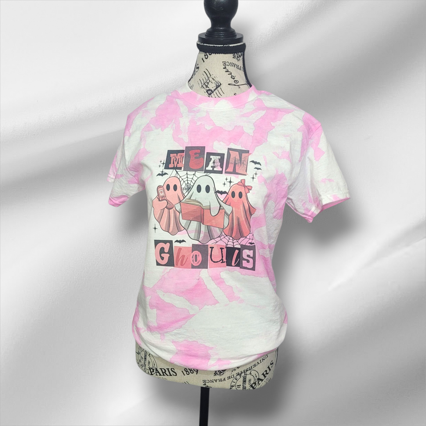 Mean Ghouls Tie-Dye Halloween T-Shirt – Handmade Pink & White Spooky Tee