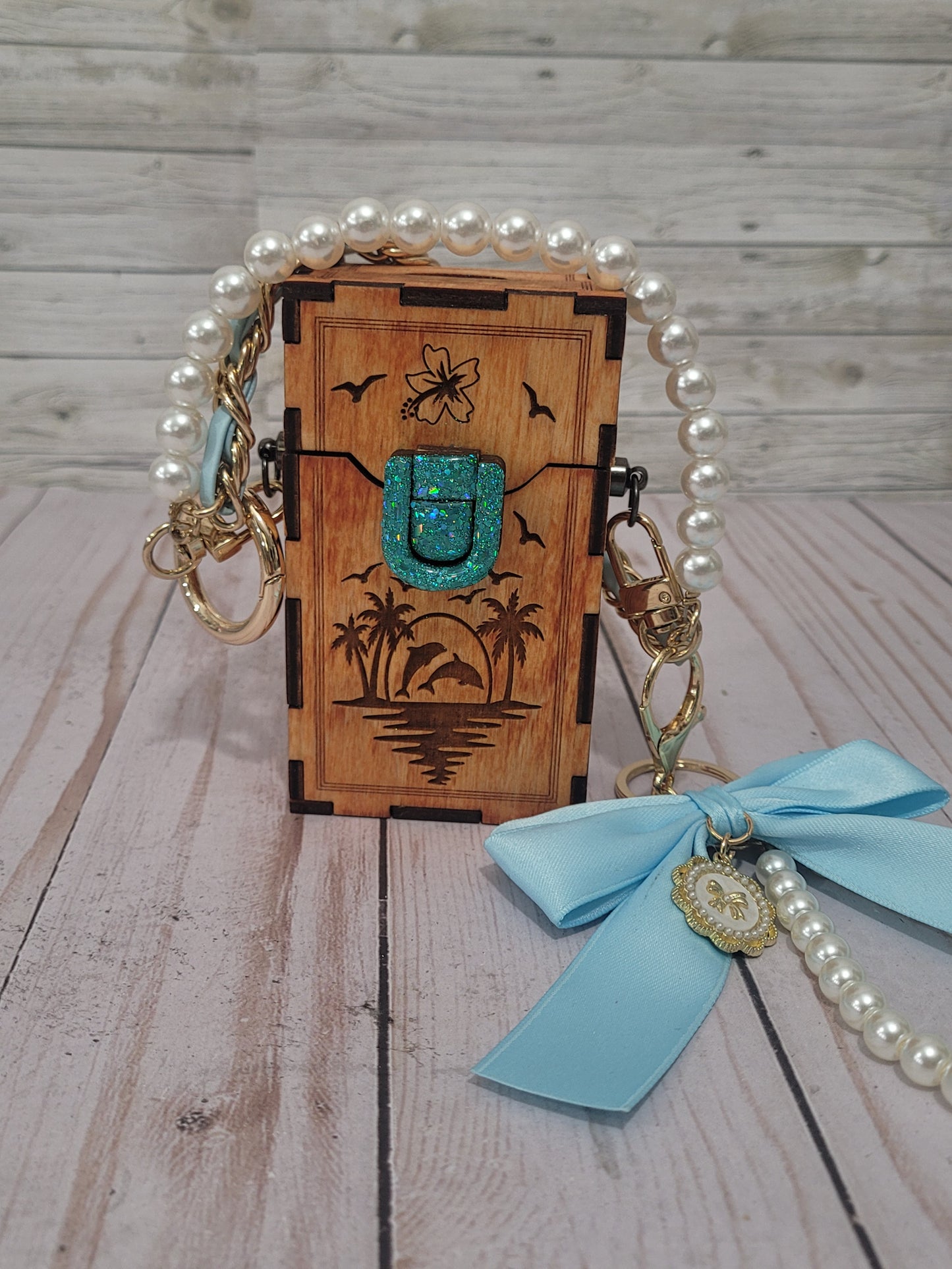 Mini Wooden Clip-On Bag | Engraved Dolphin Design | Pearl Handle | Customizable Add-On Purse