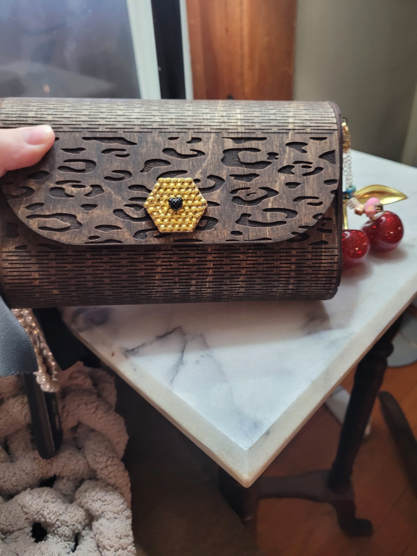 Leopard Print Wooden Clutch Purse – Handmade Wood Handbag with Gold Accent & Chain Strap