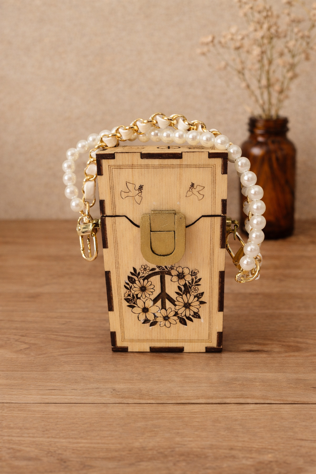 Wooden Peace Box Mini Purse – Handmade Beaded Handle Wood Clutch