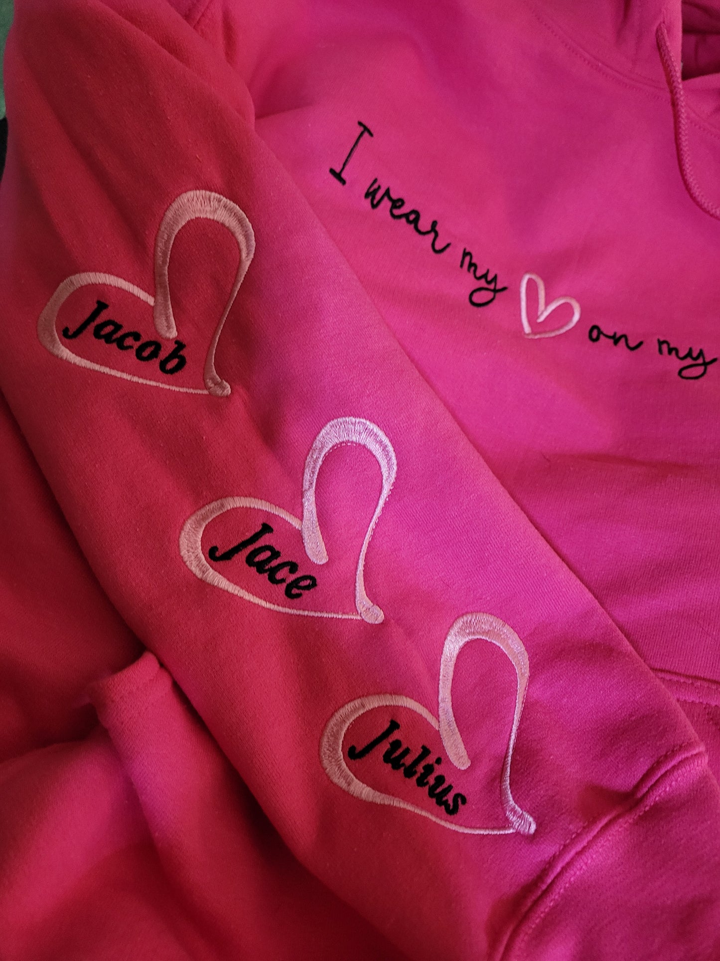 Custom "I Wear My Heart on My Sleeve" Hoodie – Personalized Names Embroidered Sweatshirt