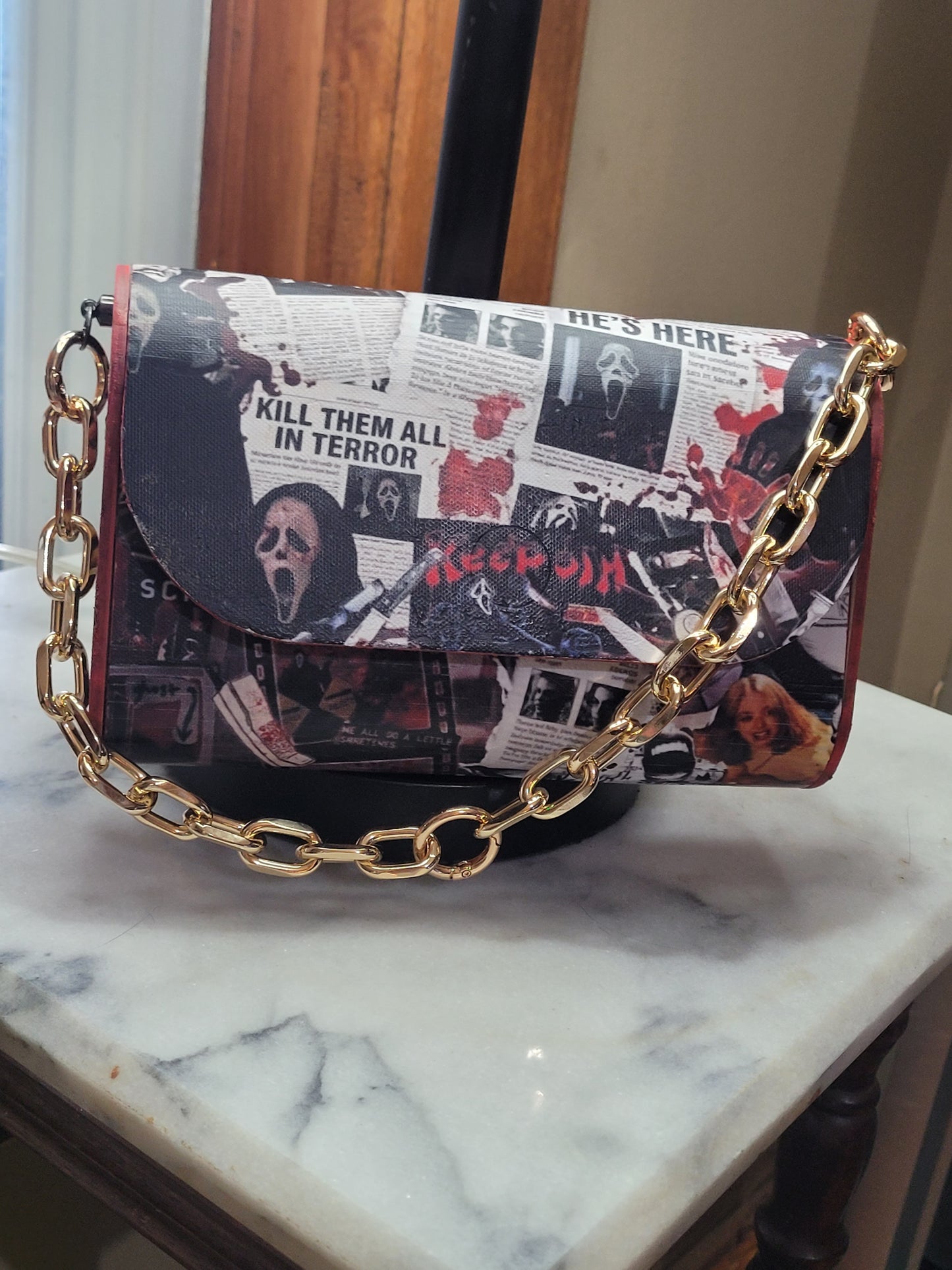 Midnight Horror Collage Handmade Wooden Crossbody Purse