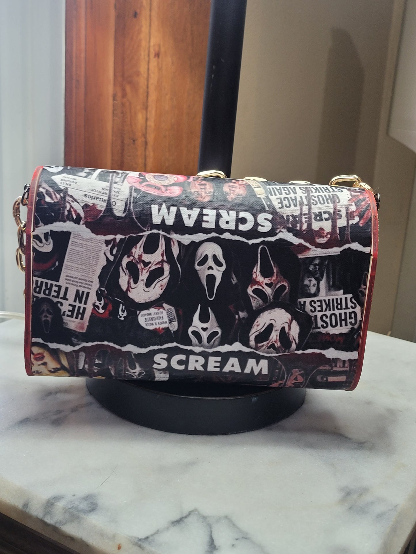 Midnight Horror Collage Handmade Wooden Crossbody Purse