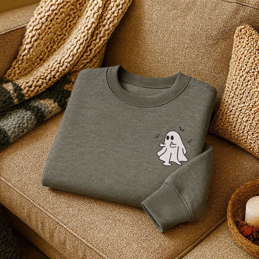 Cozy Beige Ghost Sweatshirt – Minimalist Embroidered Halloween Crewneck