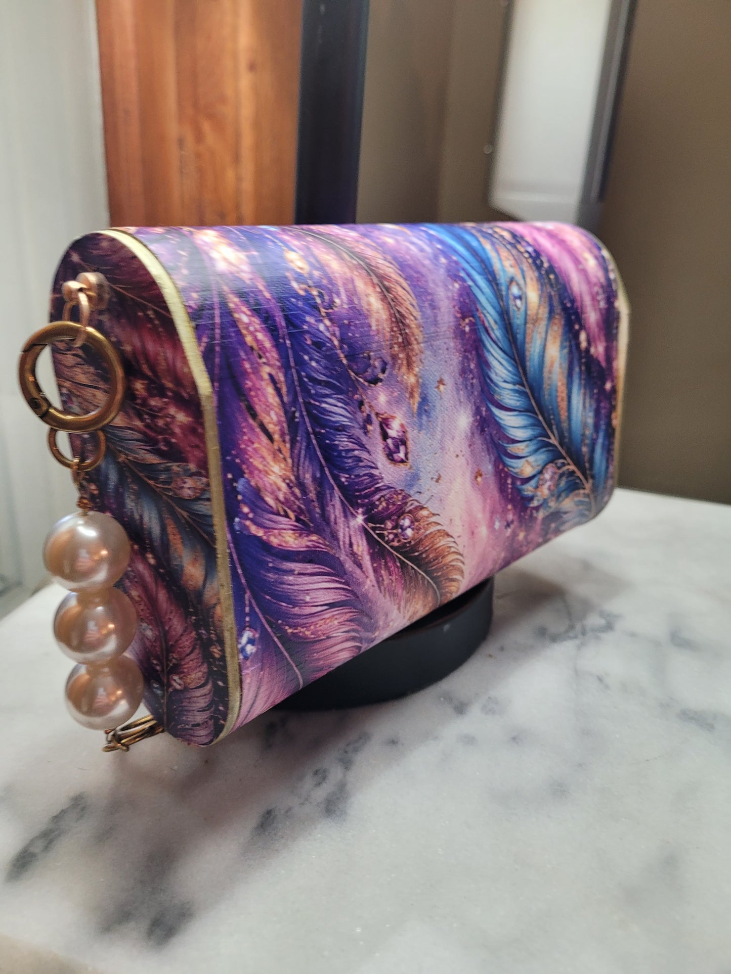 Enchanted Feather Butterfly Wooden Clutch Purse