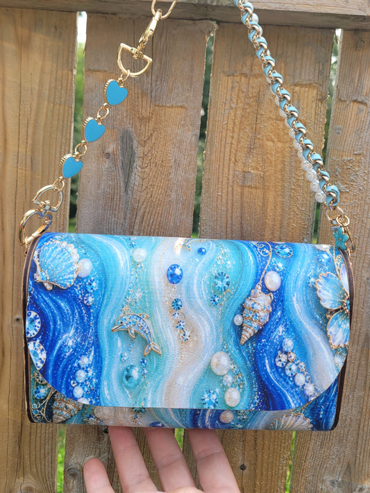 🌊 Ocean Pearl Dolphin Wooden Clutch Purse | Handmade Coastal Crossbody with Pearl Chain 🐚