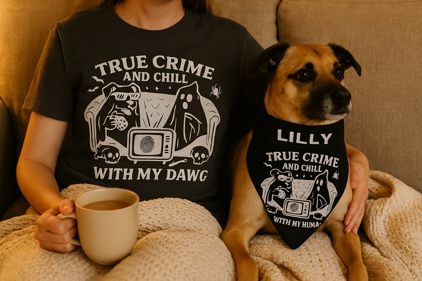 True Crime & Chill Matching Set – T-Shirt + Personalized Dog Bandana
