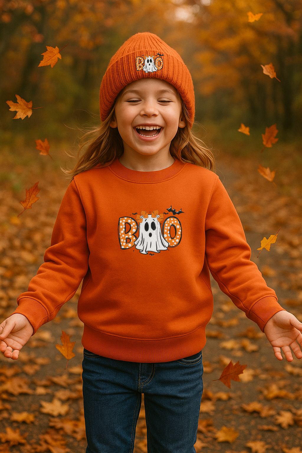Kids BOO Halloween Embroidered Sweatshirt | Toddler & Youth Fall Crewneck | Spooky Season Outfit
