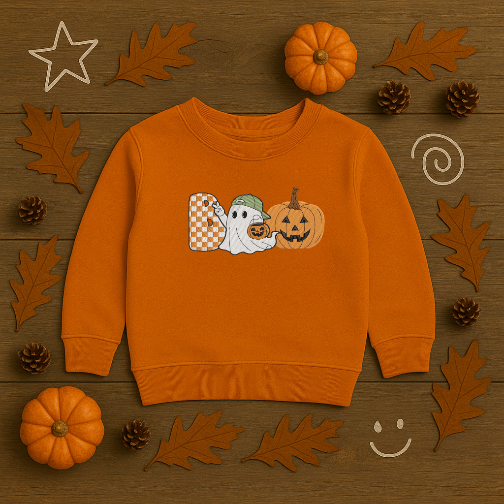 Kids Halloween Ghost & Pumpkin Embroidered Crewneck | Cozy Fall Sweatshirt for Toddlers & Kids