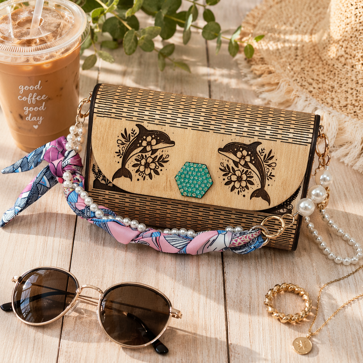 Handmade Engraved Wooden Dolphin Clutch Purse | Pearl Chain & Scarf Strap | Customizable Statement Bag