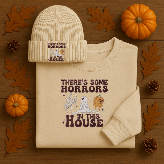 There’s Some Horrors in This House Sweatshirt & Beanie | Halloween Graphic Set | Fall Cozy Outfit