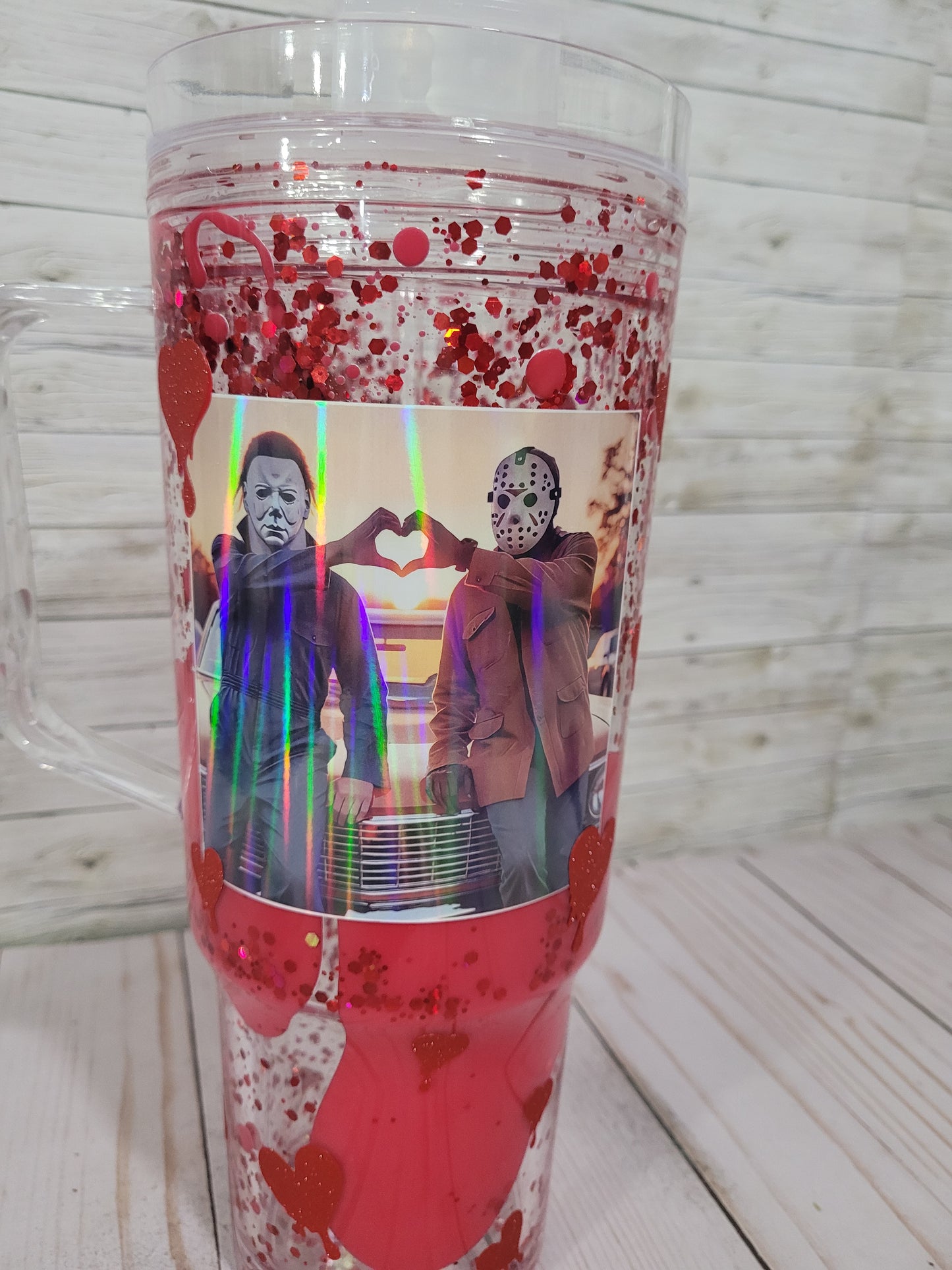 Bloody Valentine Horror Couple Snow Globe Tumbler – Michael Myers & Jason Glitter Cup – Creepy Cute Horror Movie Gift