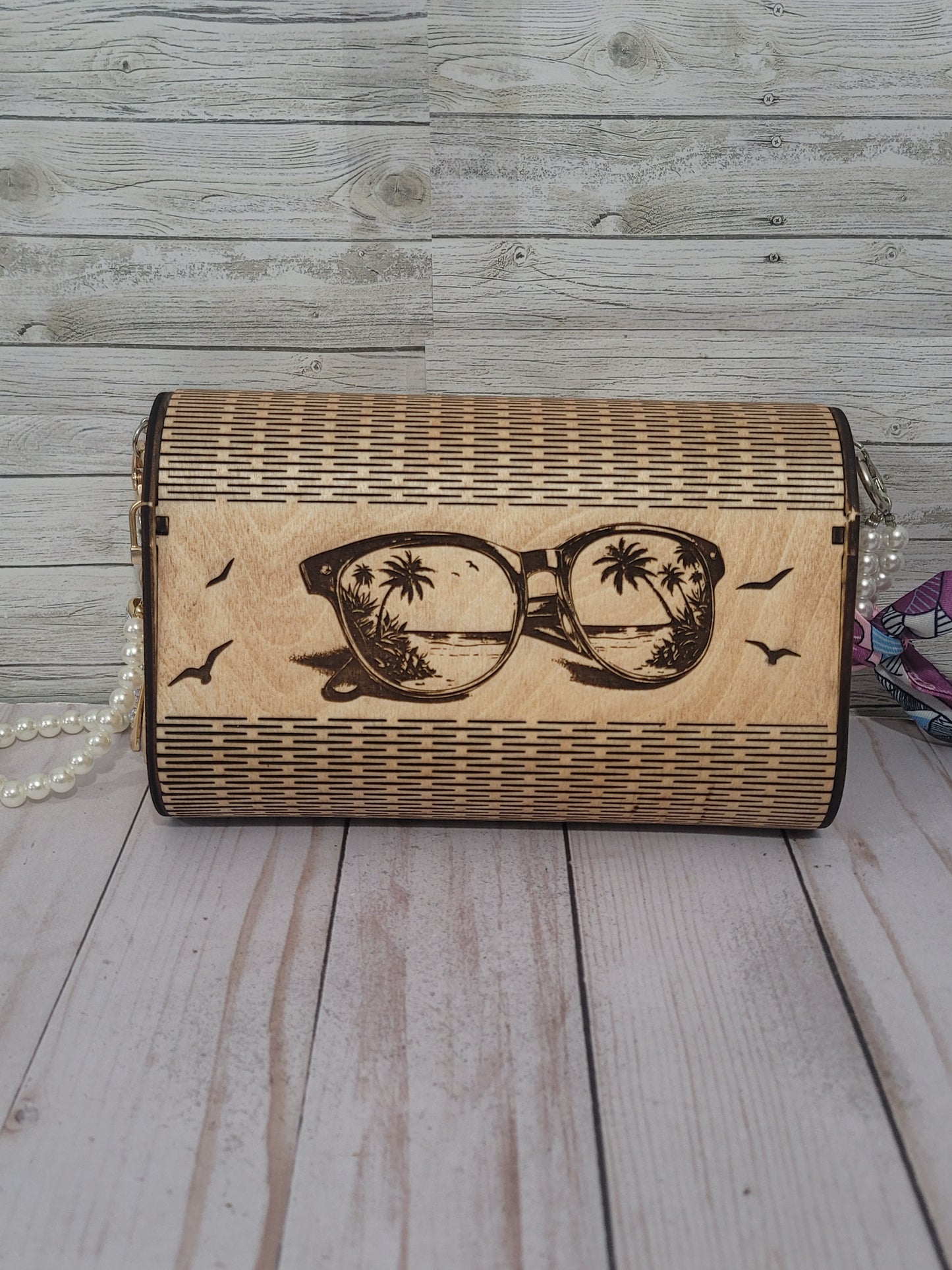 Handmade Engraved Wooden Dolphin Clutch Purse | Pearl Chain & Scarf Strap | Customizable Statement Bag
