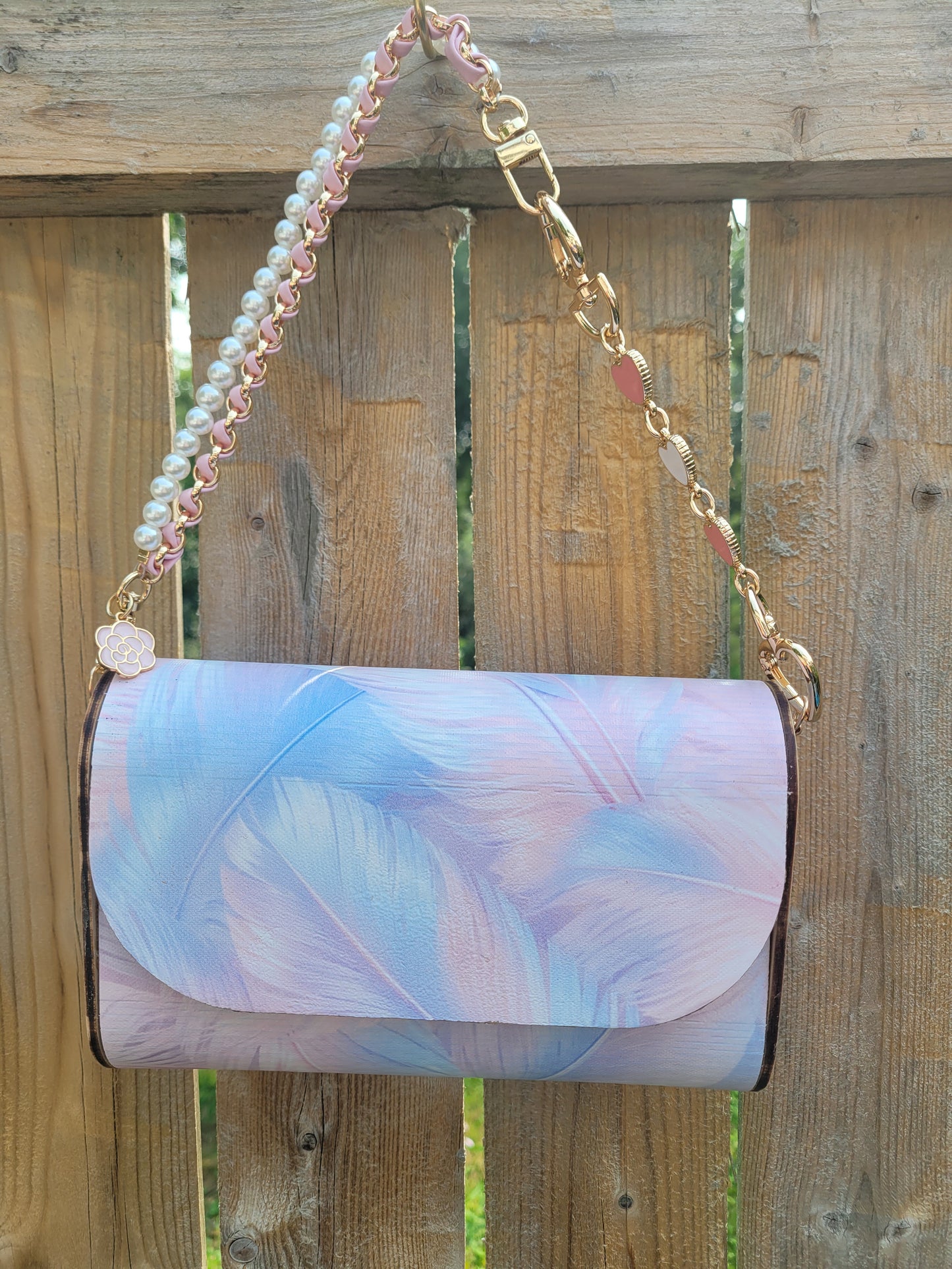 Pastel Feather Wooden Clutch Purse | Handmade Pearl Chain Crossbody Bag