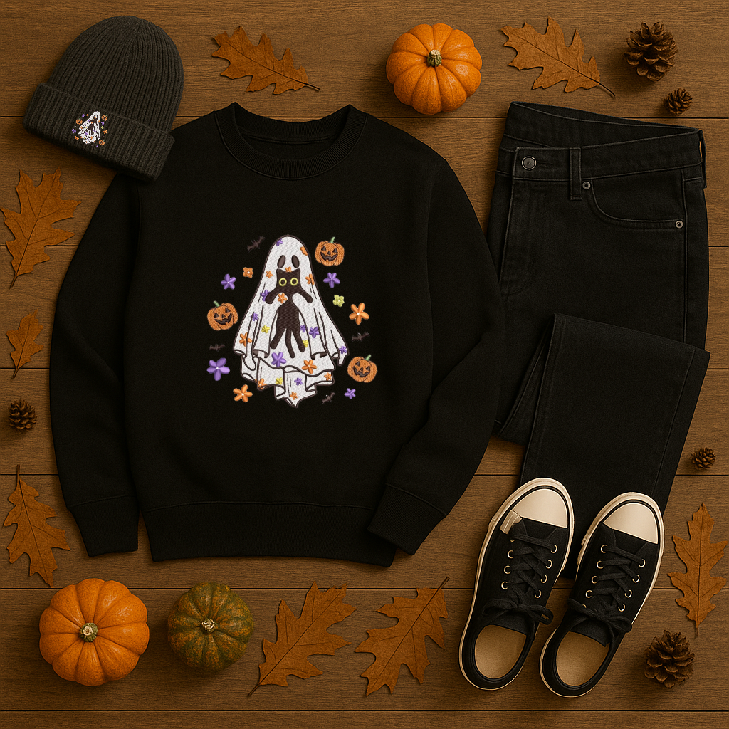 Embroidered Ghost Cat Halloween Sweatshirt | Cozy Fall Crewneck | Pumpkin & Bat Embroidery