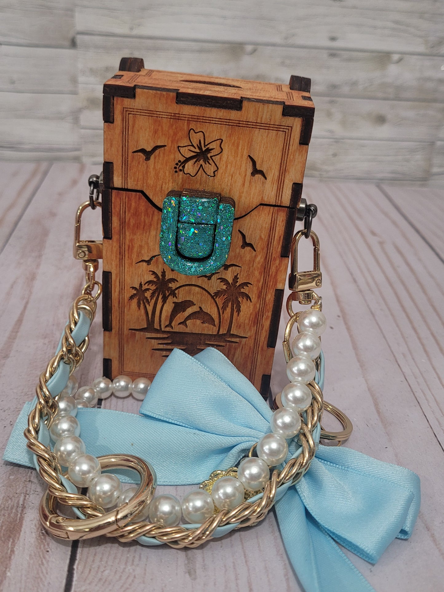 Mini Wooden Clip-On Bag | Engraved Dolphin Design | Pearl Handle | Customizable Add-On Purse