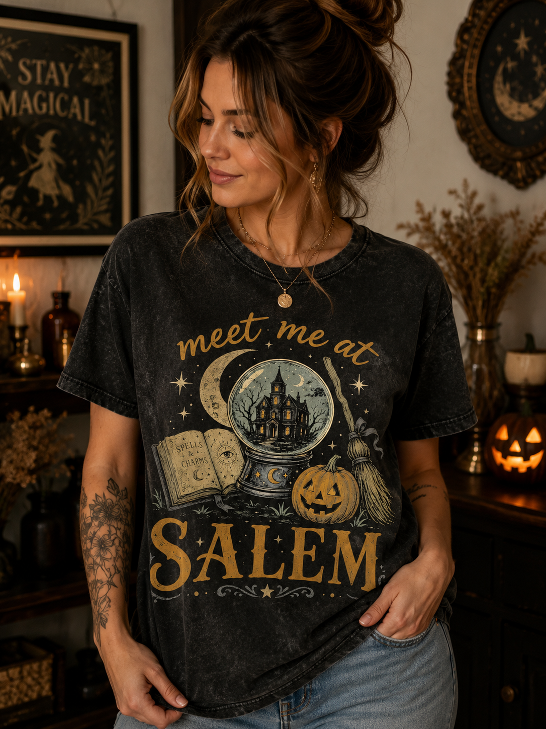 Meet Me at Salem Vintage Halloween T-Shirt | Distressed Witchy Graphic Tee | Spooky Fall Shirt