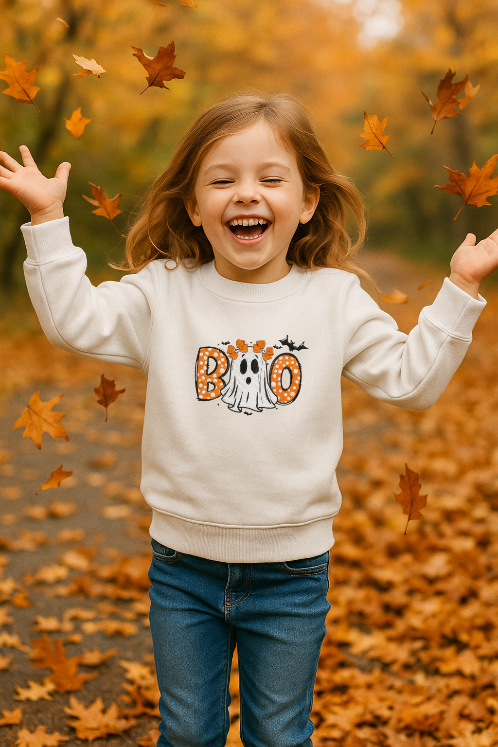 Kids BOO Halloween Embroidered Sweatshirt | Toddler & Youth Fall Crewneck | Spooky Season Outfit