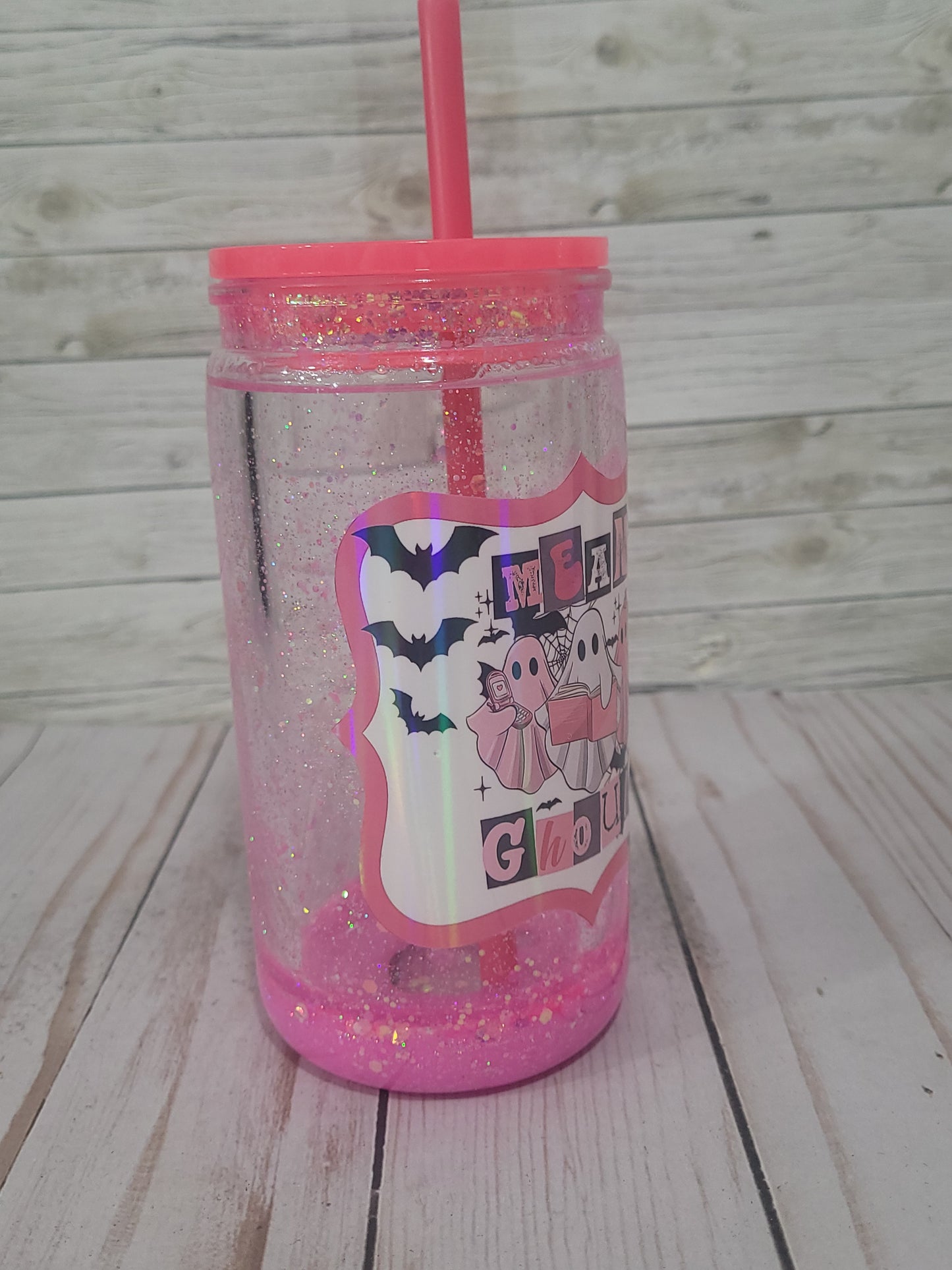 Mean Ghouls Glitter Tumbler with Straw | Pink Halloween Cup | Spooky Ghosts Drinkware