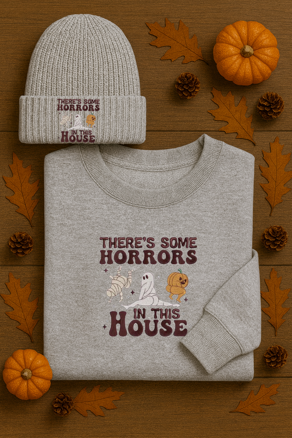 There’s Some Horrors in This House Sweatshirt & Beanie | Halloween Graphic Set | Fall Cozy Outfit