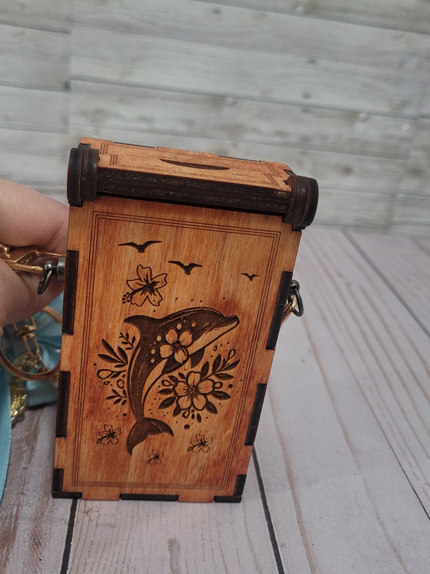 Mini Wooden Clip-On Bag | Engraved Dolphin Design | Pearl Handle | Customizable Add-On Purse