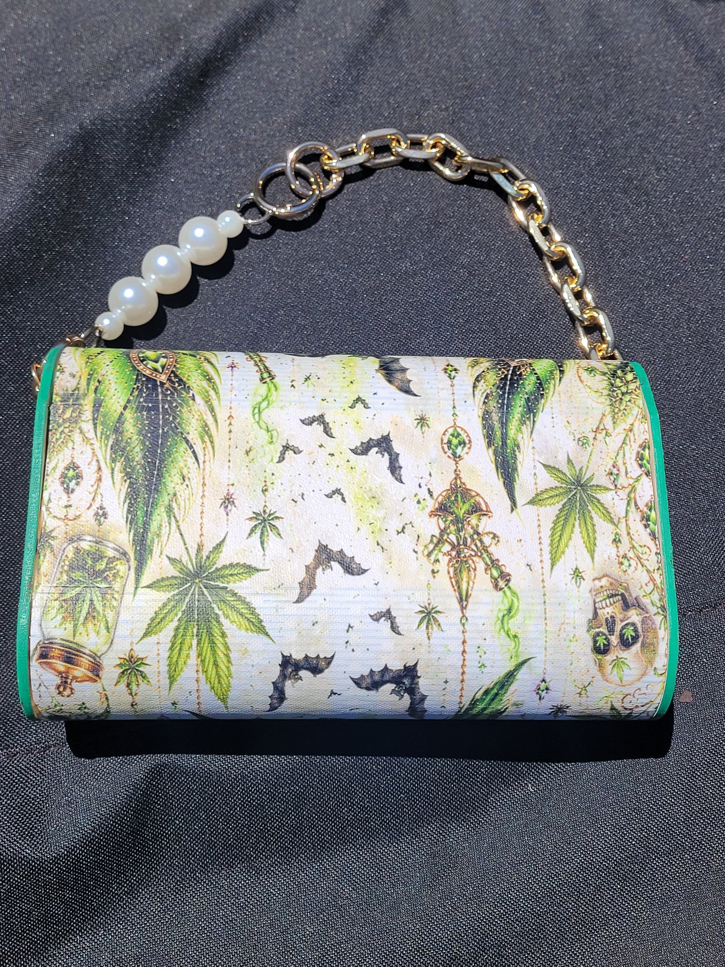 Emerald Mystic Handmade Clutch | Cannabis, Skull & Feather Statement Purse | Gothic Boho Wristlet