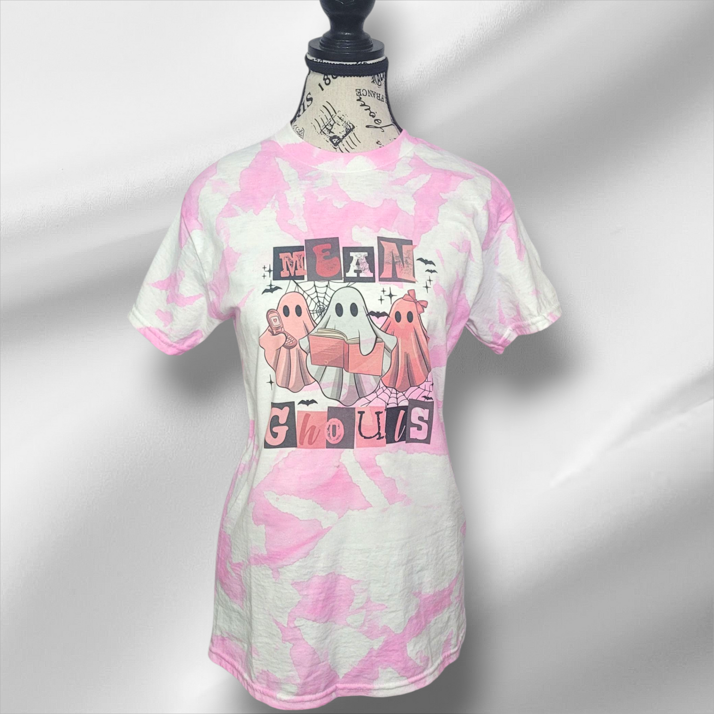 Mean Ghouls Tie-Dye Halloween T-Shirt – Handmade Pink & White Spooky Tee
