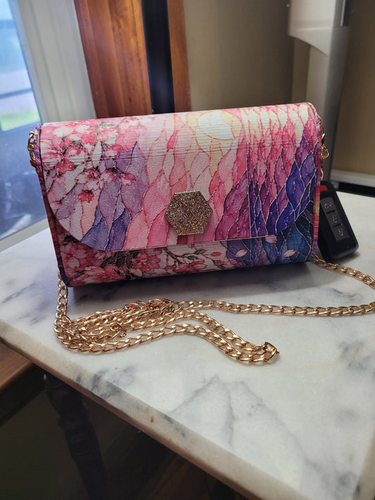 Cherry Blossom Boutique Wooden Crossbody Purse | Handmade Statement Bag | Gold Chain & Pearl Handle
