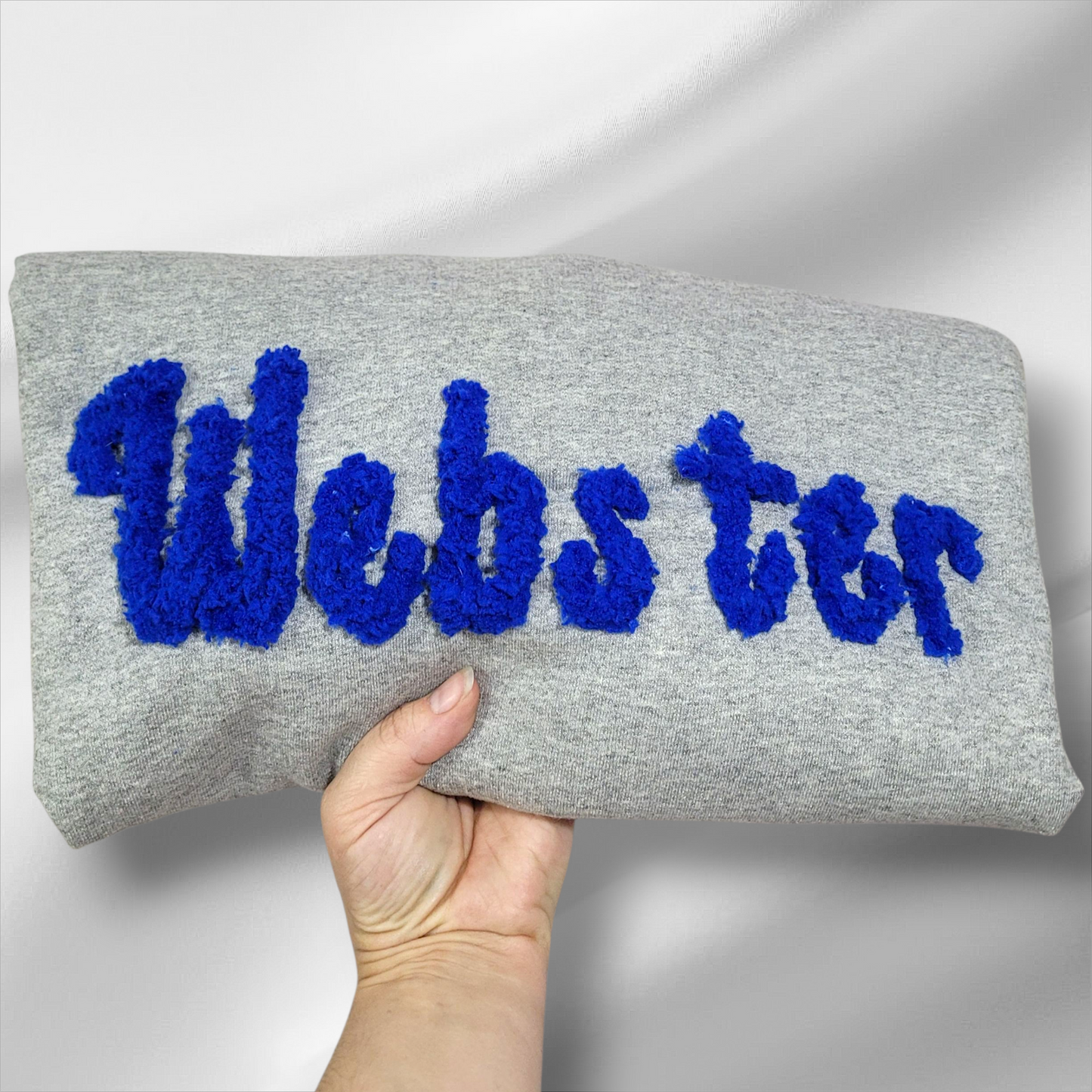 Custom “Webster” Chenille Letter Sweatshirt – Cozy Gray Crewneck with Blue Puff Letters | Personalized School or Team Spirit Sweater