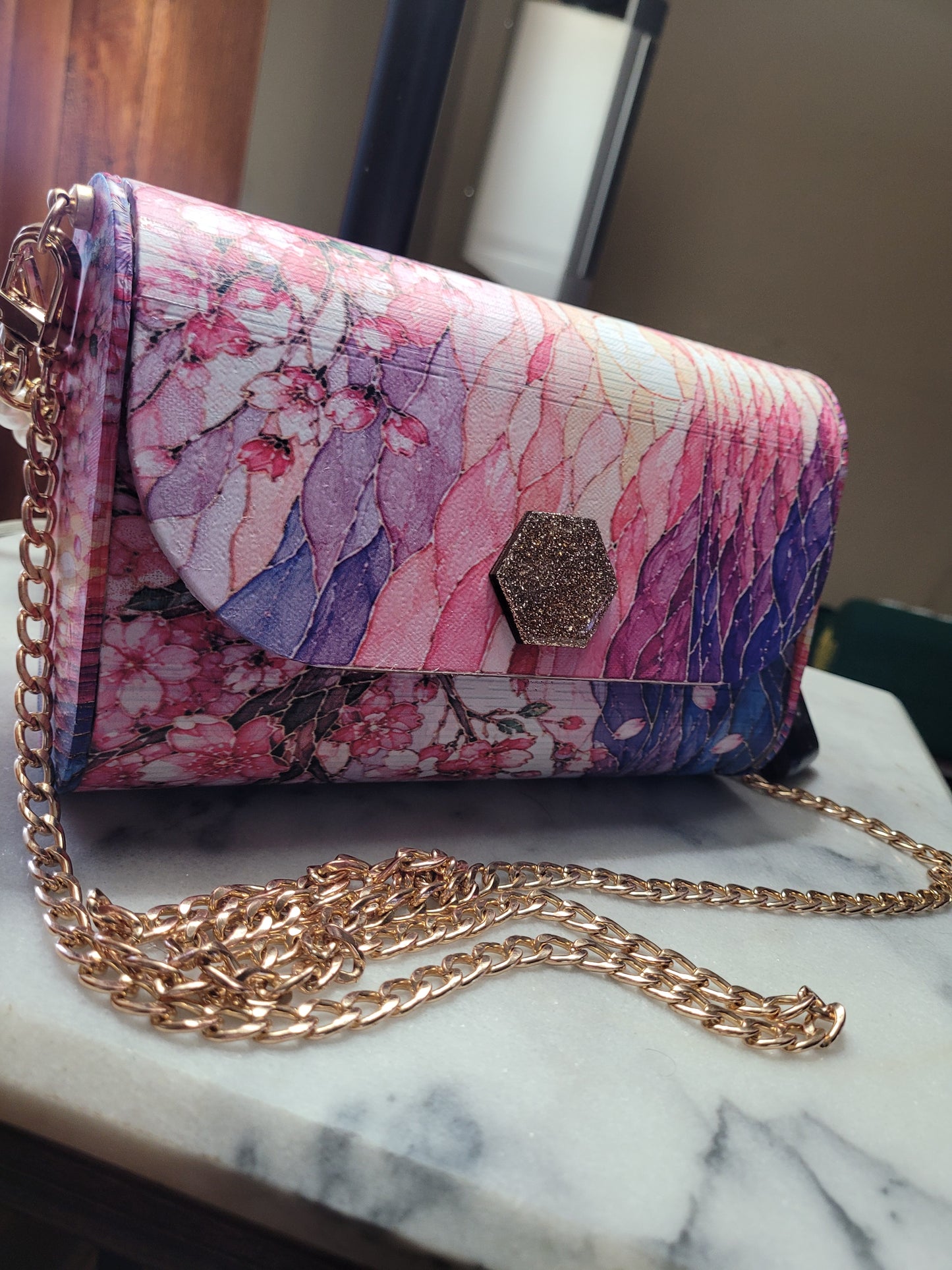 Cherry Blossom Boutique Wooden Crossbody Purse | Handmade Statement Bag | Gold Chain & Pearl Handle