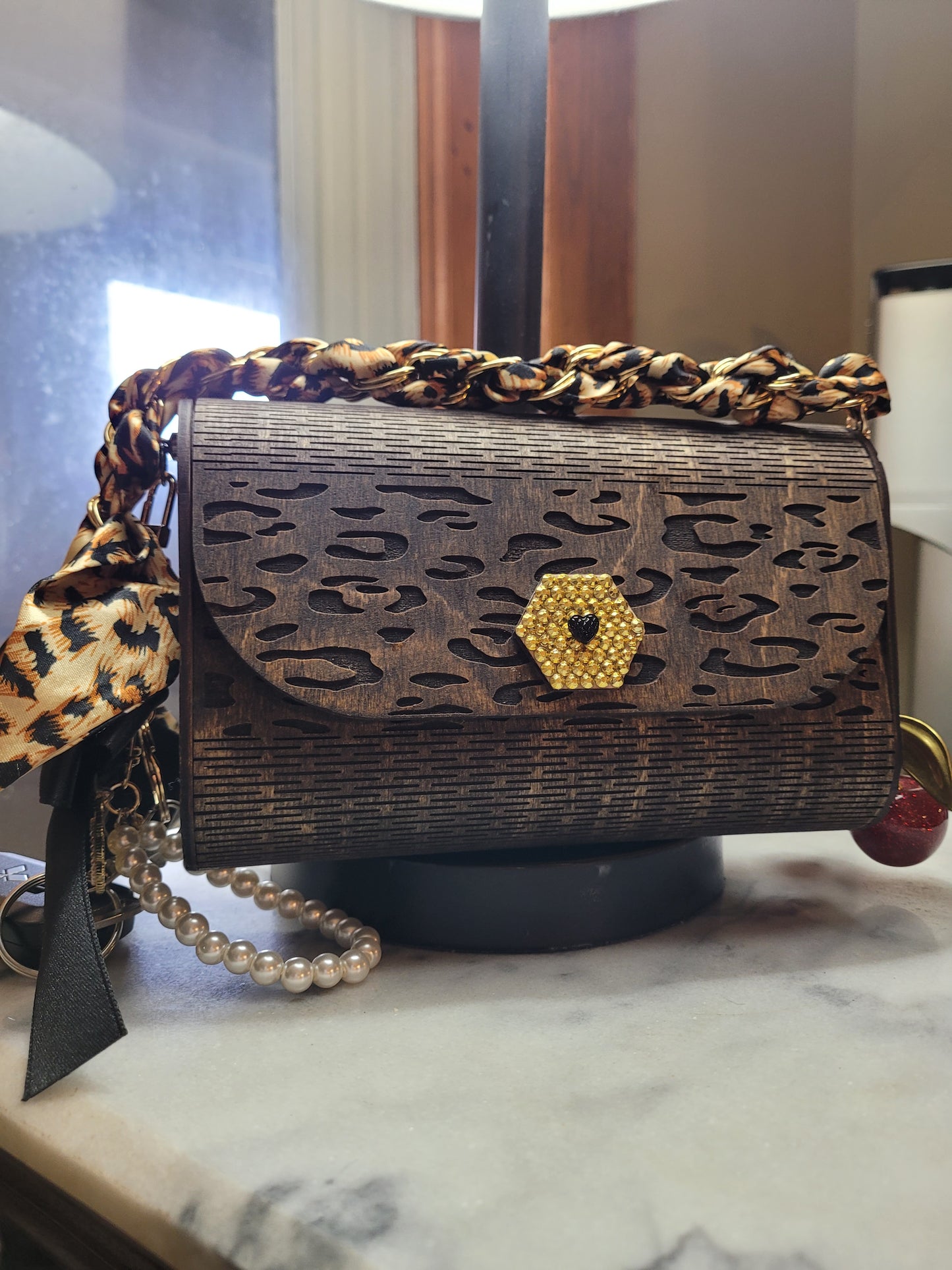Leopard Print Wooden Clutch Purse – Handmade Wood Handbag with Gold Accent & Chain Strap