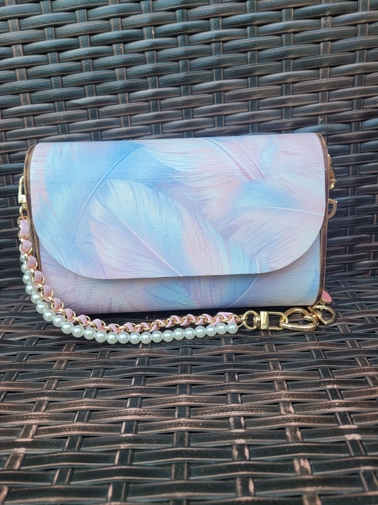 Pastel Feather Wooden Clutch Purse | Handmade Pearl Chain Crossbody Bag