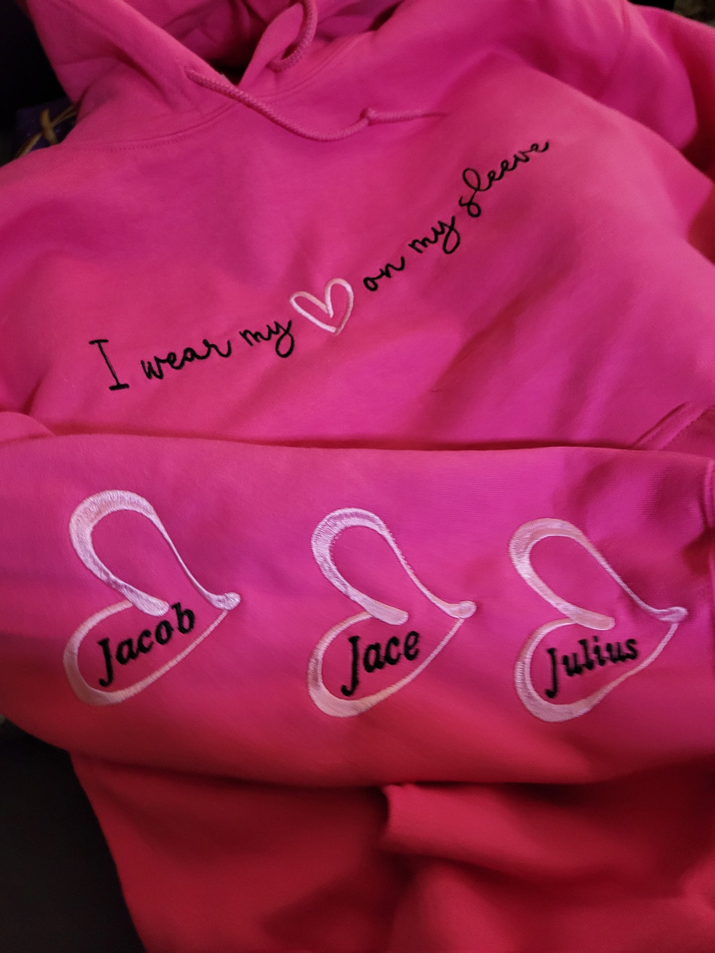 Custom "I Wear My Heart on My Sleeve" Hoodie – Personalized Names Embroidered Sweatshirt