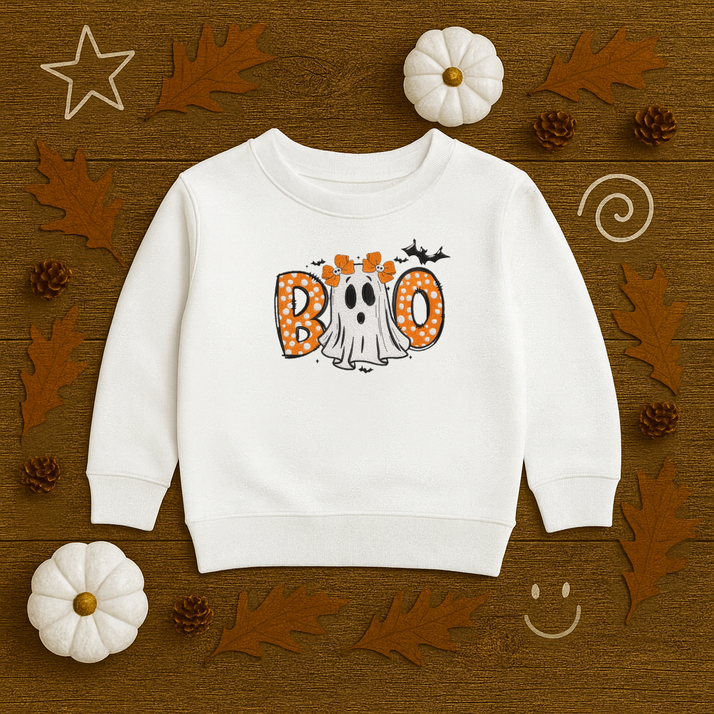 Kids BOO Halloween Embroidered Sweatshirt | Toddler & Youth Fall Crewneck | Spooky Season Outfit